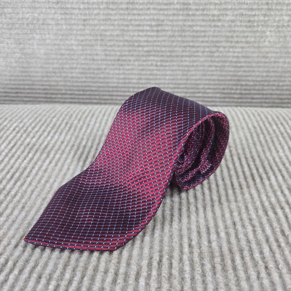 Nautica Mens Burgundy Red Blue Micro Check Silk Geometric Necktie
